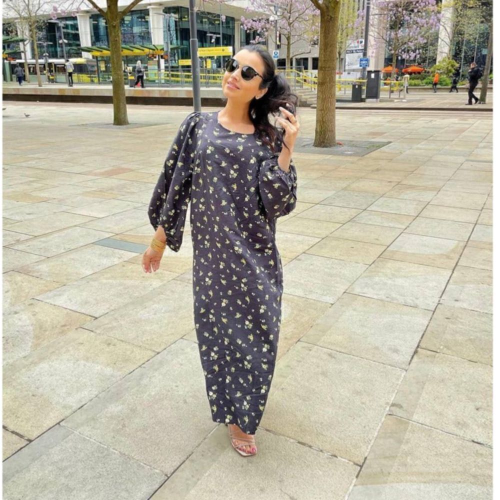 Balloon Sleeve Midi Dress Black Floral New